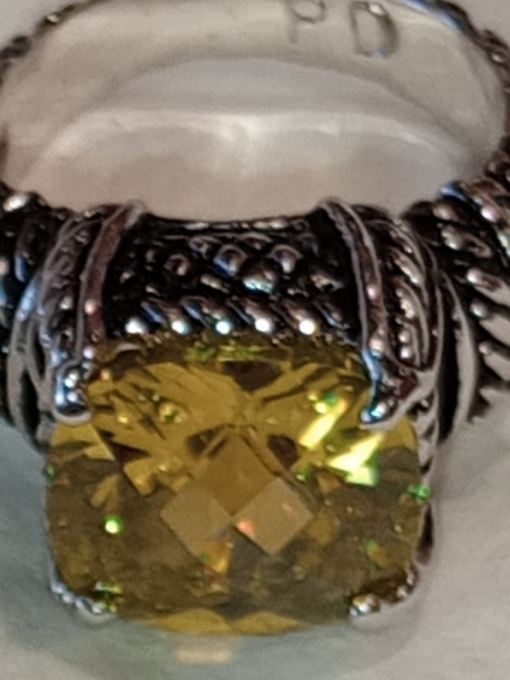 Ring Yellow/Green Cushion-Cut Gemstone Ring With PD Hallmark - Picture 11 of 15